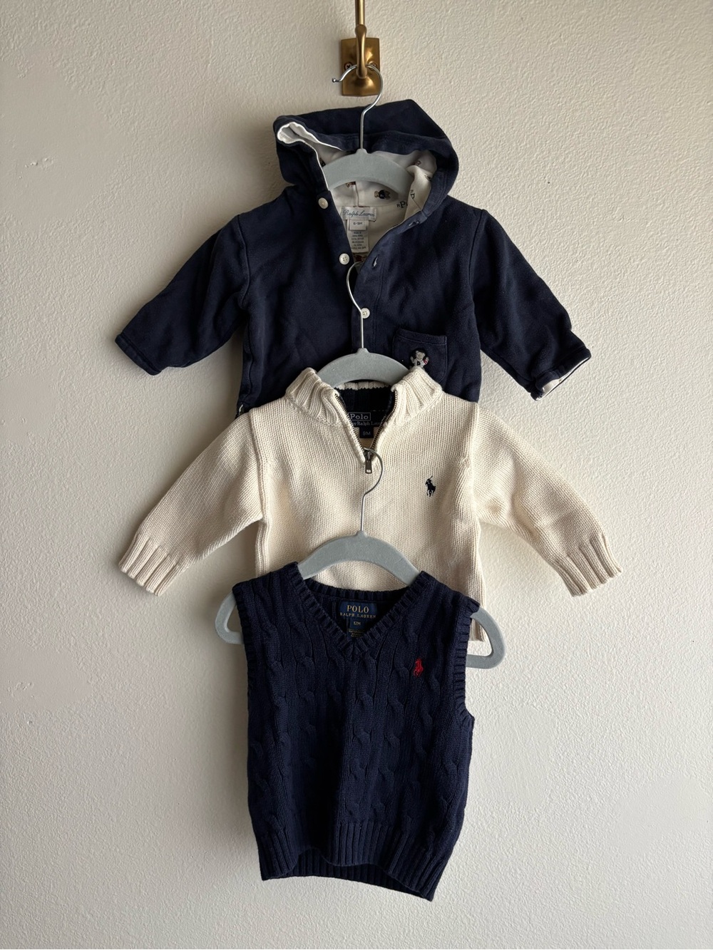 Ralph Lauren Baby Boy Lot 6-12M Vintage Polo Bear Hoodie Cable Vest Quarter Zip